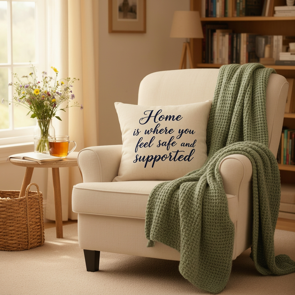 Cozy Brockville senior home support scene — armchair with a 'Home is where you feel safe and supported' pillow